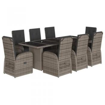 Set comedor jardín 9 pzas y cojines ratán sintético gris