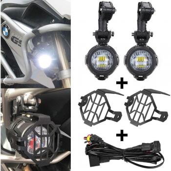 Motorcycle Auxiliary Lights, LED Headlights Angel Eyes Daytime Running Lamps with Protect Guards Wiring Harness High/Low Beam Replacement for R1200GS/ADV