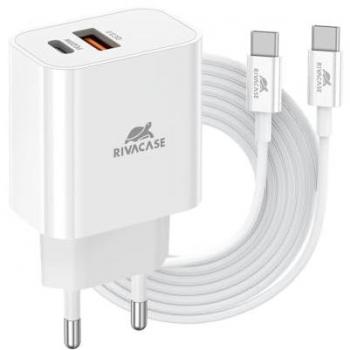Cargador de Pared Rivacase PS4102WD4 para Dispositivos Móviles, Blanco, Carga Rápida 20W, 2 Salidas USB (1x USB-A y 1x USB-C) con