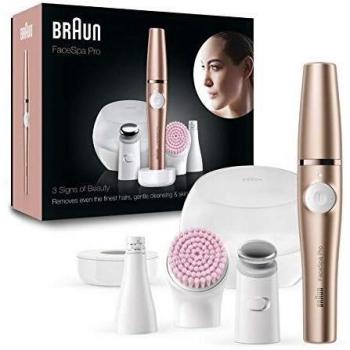 Braun FaceSpa Pro Depiladora Facial Mujer Todo en 1 con Cepillo de Limpieza, Base de Carga, Funda Portátil, Inalámbrica, 921, Bronce