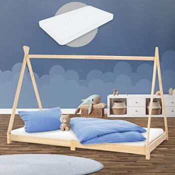 Cama Infantil Tipi 90x200 cm de Madera de Pino con Colchón y Somier, Cama Casa Natural para Juegos