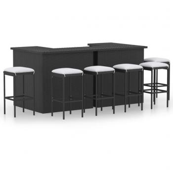 8-Piece Black Synthetic Rattan Garden Bar Set with Cushions