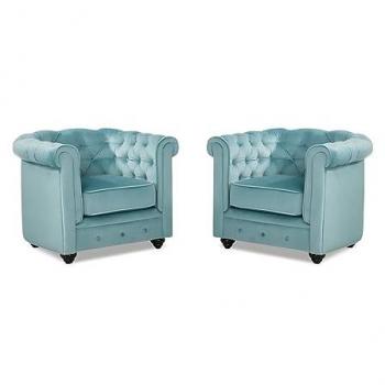 Conjunto de 2 Sillones Chesterfield de Terciopelo Azul Pastel - Confortables y Ultra-Tendencia