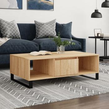 Mesa de centro de madera de ingeniería 104x60x35 cm en color blanco brillante y roble Sonoma, ideal para salón o comedor, también conocida como mesita auxiliar o mesa de café