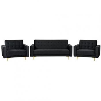Conjunto de sala de estar moderno 3 piezas sofá cama de terciopelo negro y 2 sillones reclinables Aberdeen