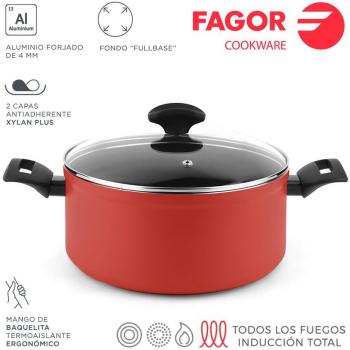 Fagor Maxima Cacerola Inducción 20 cm con Tapa de Cristal, Aluminio Forjado 3004, Espesor de 4mm, Recubrimiento Antiadherente Doble Capa XY