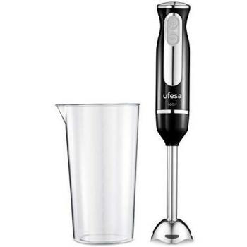 Ufesa BP3442 Batidora de Mano, 600 W, Función Turbo, 2 Cuchillas y Pie en Acero Inoxidable, Diseño Ergonómico y Anti Salpicaduras, Vaso Medidor Incl., Sin BPA, Color Negro