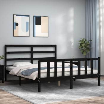 Estructura de cama de matrimonio con cabecero de madera maciza en color negro - vidaXL