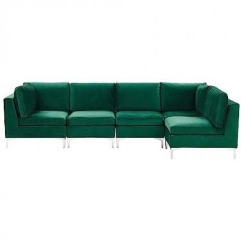 Sofá Esquinero Modular Izquierdo de 5 Plazas en Terciopelo Verde con Patas de Metal Plateadas Evja
