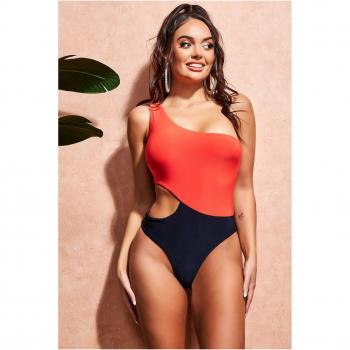 Asymmetrical Cut-Out Swimsuit - Orange Navy