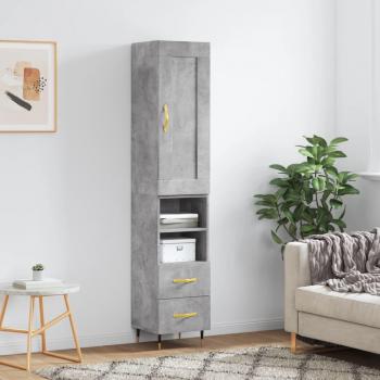 Aparador de madera contrachapada gris hormigón 34,5x34x180 cm con 2 cajones y 2 estantes, mueble de almacenaje para salón, buffet y armario auxiliar