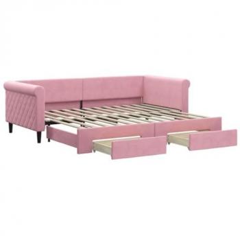 Sofá cama nido extraíble con cajones de terciopelo rosa 90x200 cm