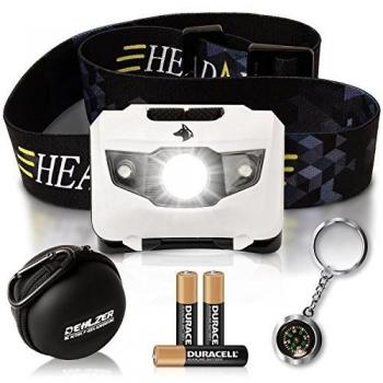 Linterna Frontal LED de Correa Ajustable Ultrabrillante Impermeable con Pilas Incluidas. Para Trabajar y Camping. 5 modos de alta potencia luces blanca y rojas. Funda Rígida y Llavero Brújula de REGALO por Dehlzer