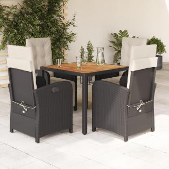 5 Piece Black Poly Rattan Garden Dining Set with Cushions
