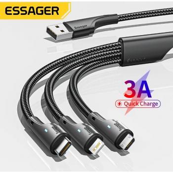 Cable USB Tipo C 3 en 1 Essager, Cargador Micro USB para iPhone 14/13/12/X Pro Max, Samsung, Xiaomi, Cable de Datos Móvil 1.2m Negro