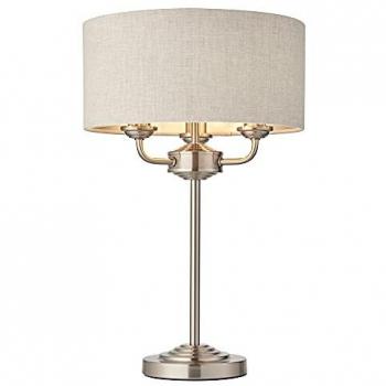 Lámpara de mesa Highclere con placa de cromo cepillado, pantalla de lino natural, 3 bombillas, altura 52 cm