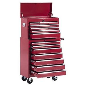 Carro de Herramientas Móvil HOMCOM, Caja de Herramientas Metálica, 16 Cajones, Color Rojo, Robusto y Transportable para Taller y Garage