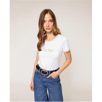 Camiseta de mujer con ribetes de lúrex y mensaje frontal