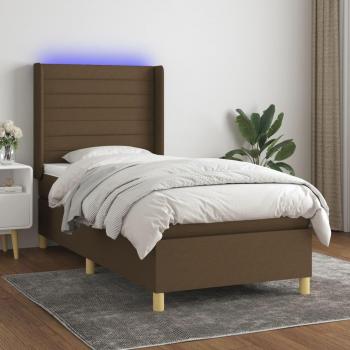 Cama box spring con colchón suave y luces LED, tela marrón oscuro 90x190cm