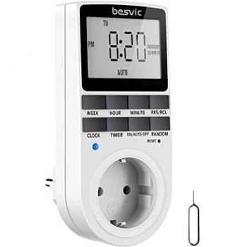 Temporizador Enchufe Digital, Besvic Programador Enchufe 3680W con Pantalla LCD Grande, 10 Programas Diarios y Modo Antirrobo, Enchufe Programable Ahorro Tiempo y Energía