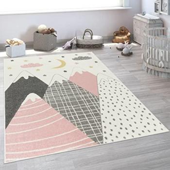 Alfombra Infantil Moderna Motivo Montañas con Estrellas Nube Rosa 200x280 cm