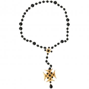 Gold Tone Brass Cross Black Beaded Chain Rosary Necklace