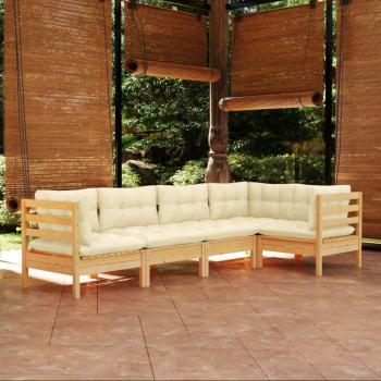 5-Piece Pinewood Garden Lounge Set with Cream Cushions