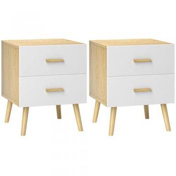Mesitas de Noche Homcom de 2 Piezas con Cajones y Asas de Bambú, Mesas Auxiliares para Dormitorio en Roble, Dimensiones 40x40x50 cm