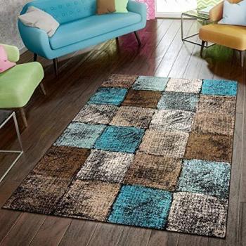 Alfombra Rectangular Paco Home Metro 155, 12 mm de Altura, Corto Pelo, Diseño Moderno en Cuadros Turquesa Marrón Crema, Ideal para Salón y Dormitorio 160x220 cm