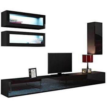 Conjunto de salón moderno Charlotte A137, negro brillante, con mesa de TV y accesorios adicionales, 280 x 40 cm