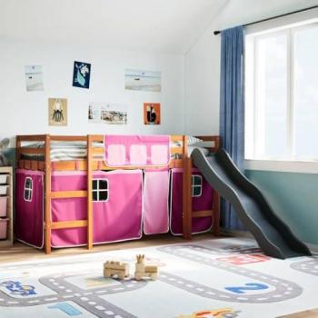 Cama alta para niños con cortinas de madera de pino rosa 90x190 cm