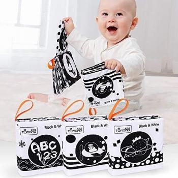 Tumama Libros de Tela Suave para bebés, Libros de Tela en Blanco y Negro Juguetes de Peluche con Animales,Fruta,número,Forma,Juguete de Aprendizaje de Letras para bebés,niños