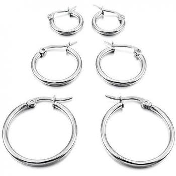 TOOGOO 3 pares 15mm 20mm 25mm Acero Inoxidable Aro Hoop Huggie Pendientes Conjunto Mujer Plata