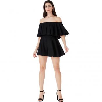 Goddiva Off The Shoulder Frill Neck Skater Playsuit - Black - Size 8 UK