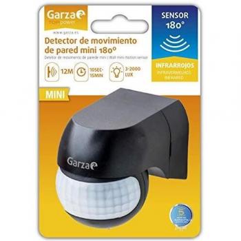 Garza Power - Detector de Movimiento Infrarrojos Mini de Pared, uso Exterior, ángulo de Detección 180º, Negro