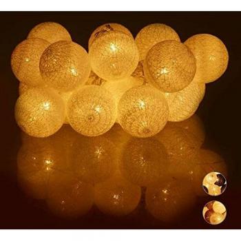 Cadena de luces LED con 20 esferas de algodón, a pilas, iluminación ambiental, bolas de 6 cm Ø, blanca - Relaxdays
