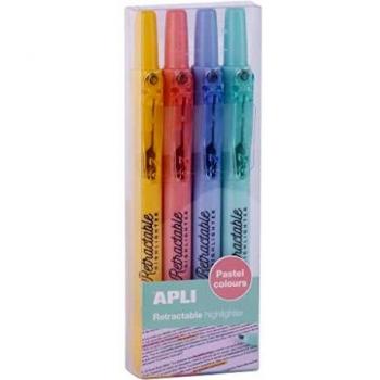 APLI 18933 - Pack de 4 subrayadores retractables de punta biselada, marcadores colores pastel