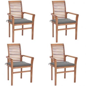 Teak Wood Dining Chairs Set of 4 with Gray Cushions
