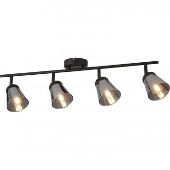 Mega Foco de barra 4 luces, metal negro con cristal ahumado, luz de techo contemporánea, acero negro humo, 4 luces E14