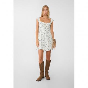 Stradivarius Short Printed Dress with Elasticated Details, Crepe Fabric, Color: White, Size: M