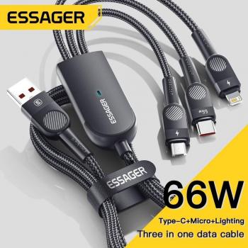 Cable USB 3 en 1 Essager 66W 6A para iPhone 14/13/12 Pro Max, Samsung, Xiaomi, Huawei y POCO - Longitud: 1.2m, Color: Negro