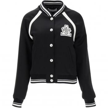 Alessandra Rich Black Water-Repellent Satin Bomber Jacket with Logo Patch and Stripe Trim - Size 44/M