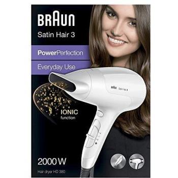 Secador de Pelo Braun Satin Hair 3 HD380, 2000W, Blanco, con 2 Velocidades y Tecnología Iónica
