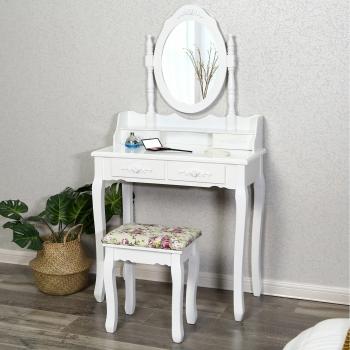 SONGMICS Tocador con cajones y Taburete Blanco 145 x 75 x 40 cm RDT77W