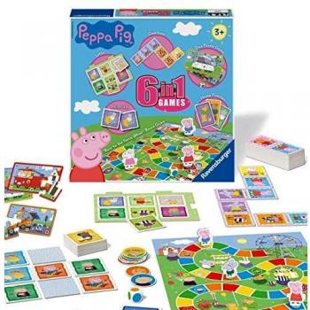 Juego de Compendio 6 en 1 Peppa Pig - Bingo, Memoria, Dominó, Serpientes y Escaleras, Damas y Cartas para Niños a Partir de 3 Años