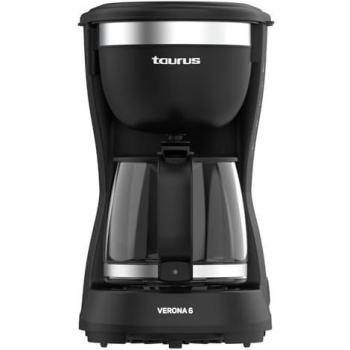 Cafetera de Goteo Taurus Verona 6 Tazas 600W, Placa Calefactora, Filtro Permanente Lavable, Jarra Cristal Antigoteo, Diseño Compacto Negro Mate