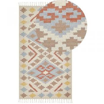Alfombra Kilim Multicolor de Algodón 80 x 150 cm con Diseño Geométrico y Borlas, Pelo Bajo