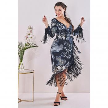 Goddiva Women's Maternity Black Foil Print Tassel Wrap Midi Dress - Size 10 UK