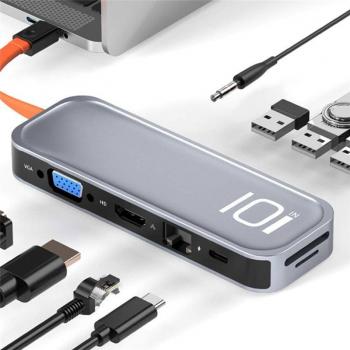 Adaptador HUB Multifuncional 10 en 1 USB-C a HDMI/VGA con 3 Puertos USB 3.0 y RJ45