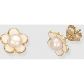Pendientes de oro con diseño de flor, perla y detalles en esmalte